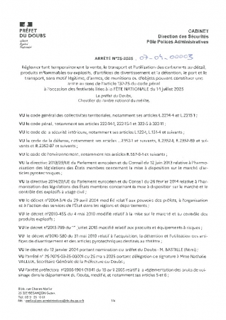 Arrêté carburants-pétards-armes 14 juillet 2025